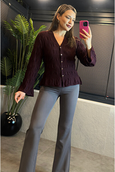 MİR STORE Burgundy Textured Fabric Fly Sleeve Knitwear Cardigan