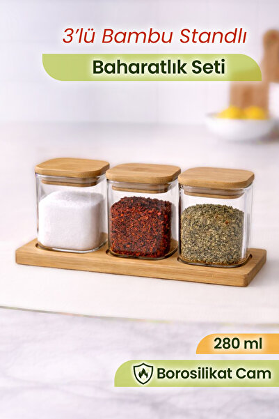 naturelove 3-Piece Bamboo Stand Spice Jar Set - Borosilicate Square Glass Spi...