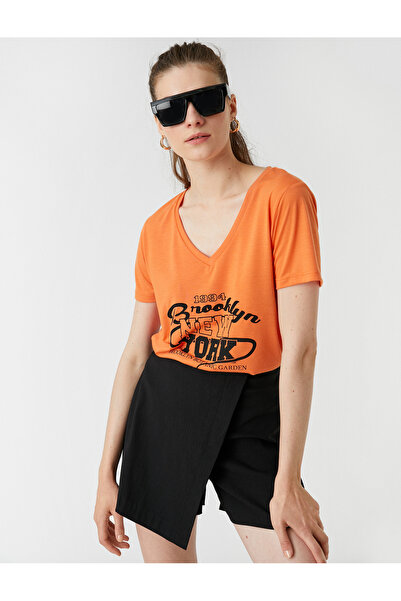 Koton Printed T-Shirt V Neck Short Sleeve