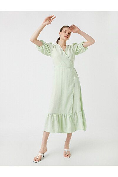 Koton Midi Dress Puff Sleeve V Neck Modal Blended