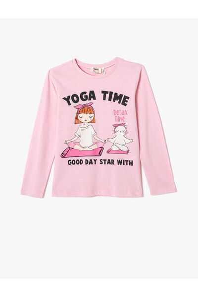 Koton T-Shirt Yoga Themed Printed Long Sleeves Crew Neck Cotton