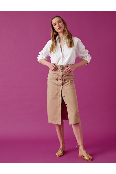 Koton تنورة ميدي بيج اللون بخصر مزين بأزرار وجيوب للنساء