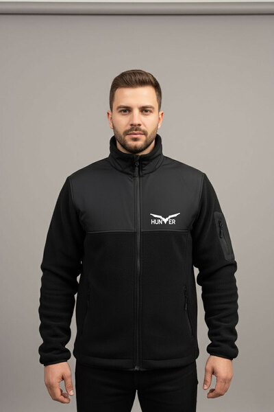 WİDİ Hunting Hunter Text Printed Mock Neck Paneled Softshell Fleece Jacket