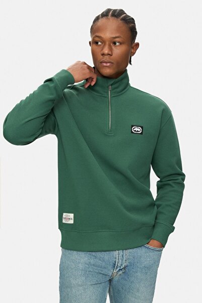 ecko unltd. Cypress Green Mock Neck Half Zipper Embroidered Loose Fit Sweatshirt