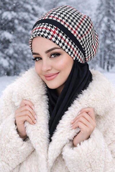 Aişe tesettür Siyah Kırmızı Kazayağı Tesettür Bere Şal