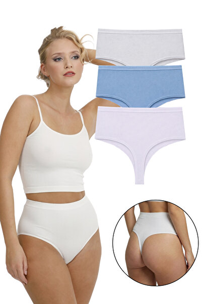 Sensu Women's High Waist Thong Corded Fabric Panties Pack of 3 Blue