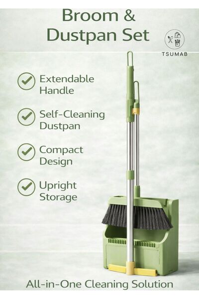 TSUMAB طقم مكنسة ومجرفة قابل للتمديد مع مجرفة ذاتية التنظيف، وتخزين رأسي