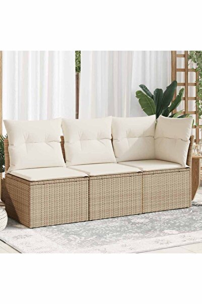 vidaxl أريكة حديقة مع وسائد، 3 مقاعد، بيج، مصنوعة من البولي راتان