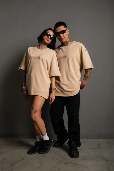 LUMİART Equri̇ Men's Back Printed Oversize T-Shirt - Beige