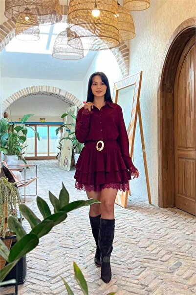 Neşeli Butik Women Burgundy Shirt Collar Lace Detailed Layered Mini Dress Nbm...