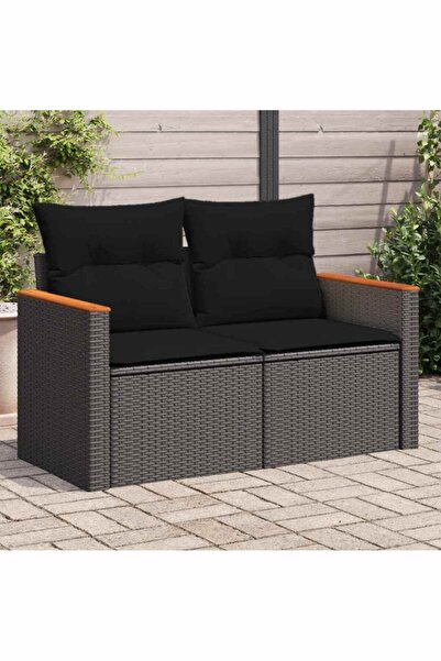vidaxl أريكة حديقة مع وسائد، مقعدين، لون أسود، مصنوعة من البولي راتان