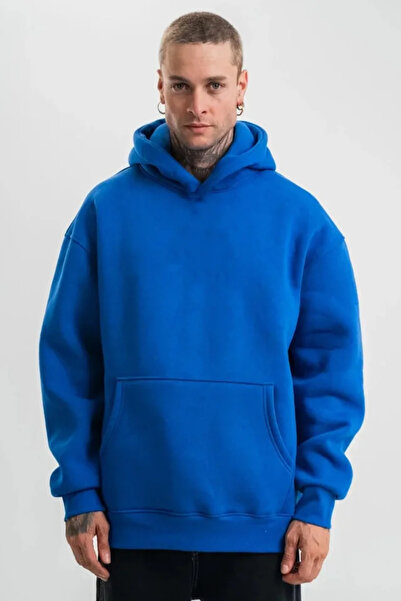 JANES Men's Cobalt Blue Double Oversized 3 Thread Cotton K Hooded Kangaroo Po...