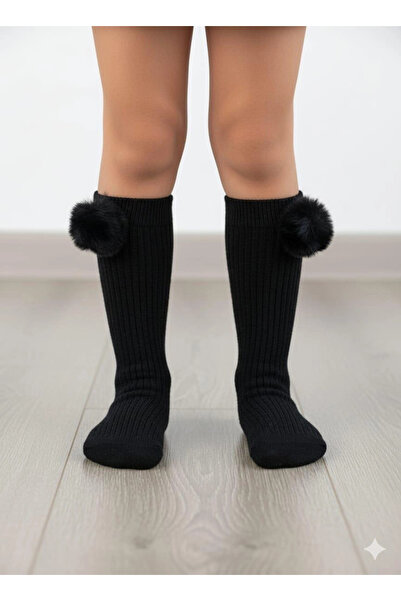 BİGÜMEX Girls' Pompon Knee-High Socks 3-Piece Set 1/5 Years Old