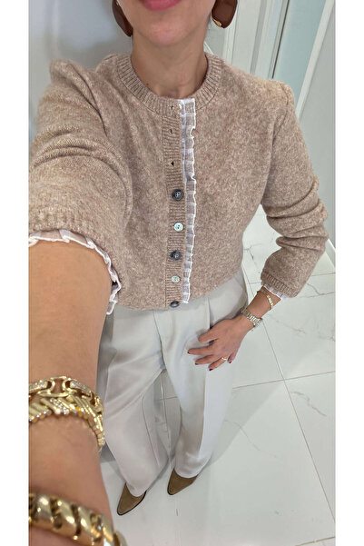 BİRCANÇİL Ulla Beige Lace Detailed Cardigan