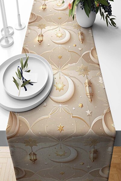 Pilloveland Runner Ramadan Satin Patterned Suede Woven 140*40 cm - Ramadan Ka...