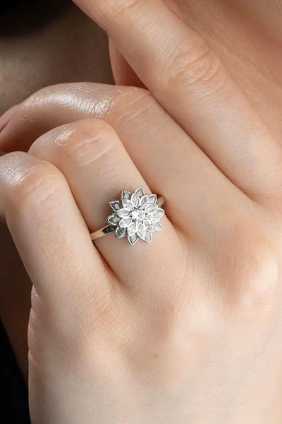 Silvanya Jewelry 925 Ayar Gümüş Ayarlanabilir Lotus Çiçeği Kadın Yüzük