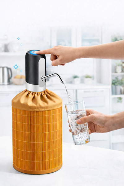 ARVALE Otomatik Şarjlı Su Pompası + Bambu Kaplı Damacana Kılıfı Seti