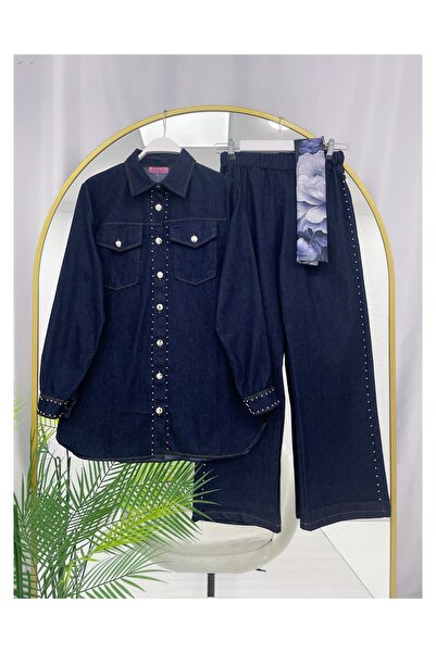 YEDİLALE Beaded Detail Denim Shirt and Pants Two-Piece Set [Excluding Shawl]