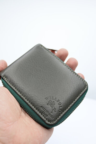 willpolo Hakiki Deri Şeffaf Kartlıklı Fermuarlı Yeşil Cüzdan Kartlık