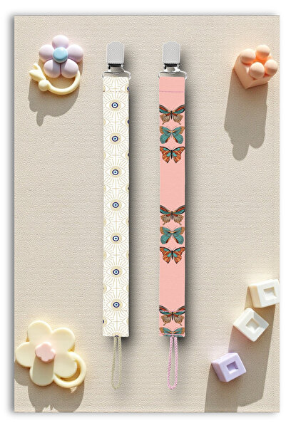 Mia Aurora 2li Set Emzik Askısı Emzik Zinciri Nazar Boncuğu Pembe Kelebek Des...