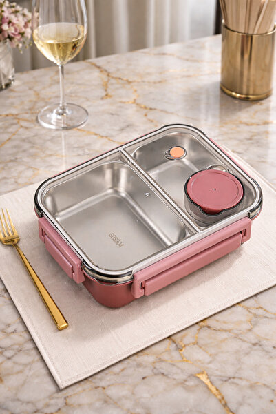 Comprox Pembe 304 Paslanmaz Çelik Lunch Box 2 Bölmeli, Sosluklu, BPA Free | B...