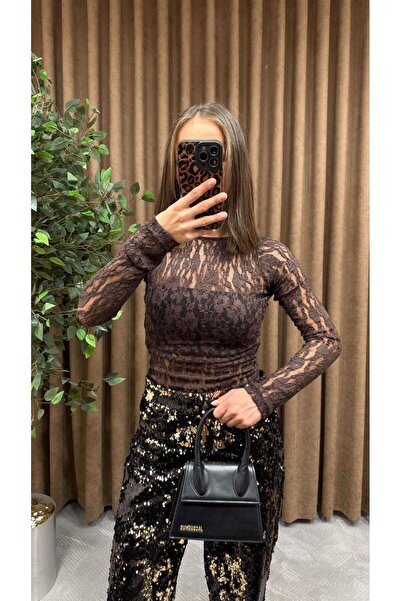 Maysa KAHVERENGİ DANTELLİ ARKASI FİYONKLU BLUZ