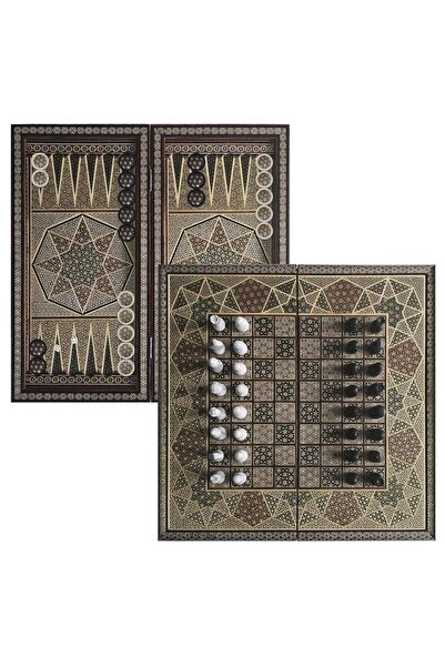 Margoun Handmade Persian Khatam Chess Set with Backgammon and Marble Stone Pi...