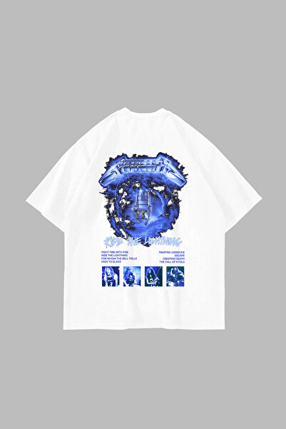 Sekizbiraltı تي شيرت أبيض للجنسين من Ride The Lightning مطبوع قصة فضفاضة