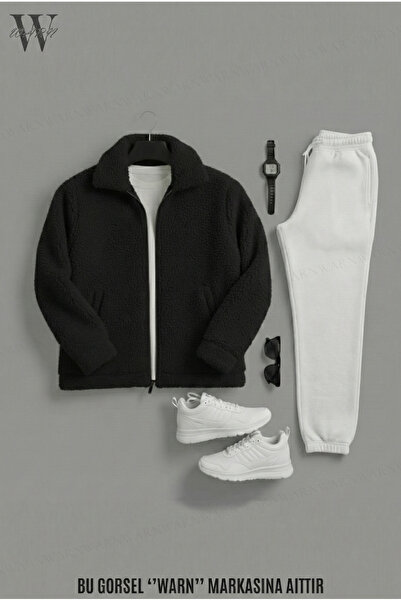 warn Unisex Plush Polo Neck Cardigan Tracksuit Set (White Tracksuit) Winter T...