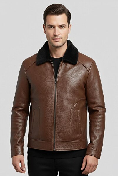 Deriderim Kahverengi Hudson Kürk Yakalı Hakiki Deri Erkek İçi Kürklü Mont