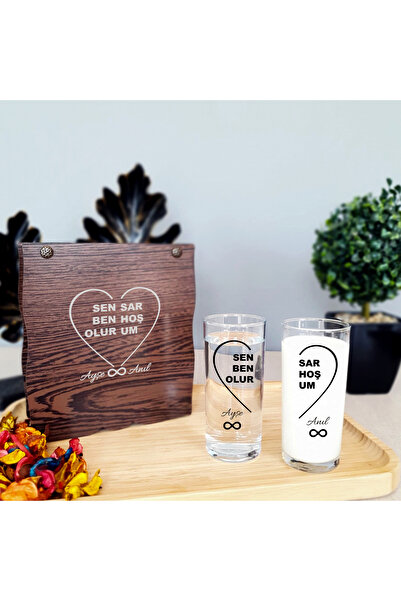 hediyekralı Kişiye Özel Ahşap Kutulu 2 Li Rakı Bardağı - İsmi Yazılabilir Hed...