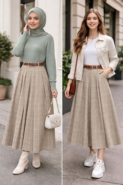 Merysa KARELİ ETEK KAPUCINO BEJ