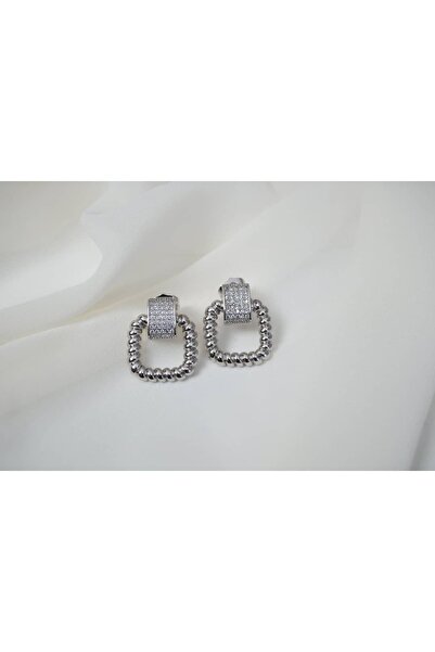ATELİER TUĞBA أقراط ملتوية فضية مع تفاصيل ربط حجرية KP161 (الطول 22 مم)