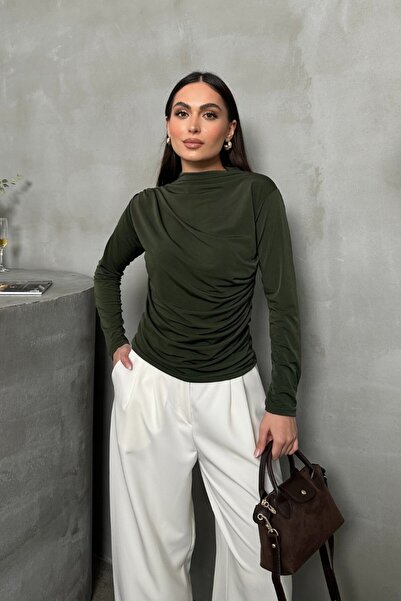 spirituel Women's Blouse Draped Long Sleeve Sandy Fabric High Collar Stretch ...