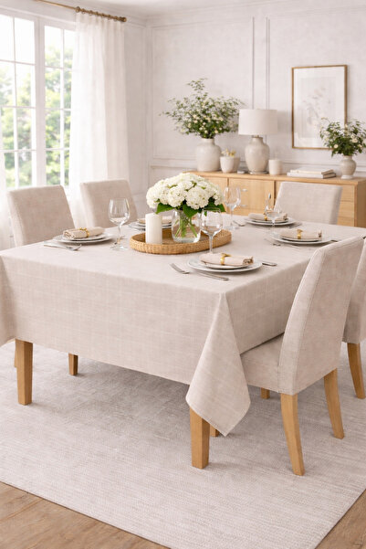 NazeninHome Checkered Satin Tablecloth Stone Color 100% Cotton 230X320 cm Wit...