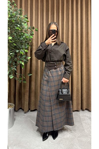 Maysa KAHVE LACİVERT EKOSELİ KEMERLİ YIRTMAÇLI ETEK