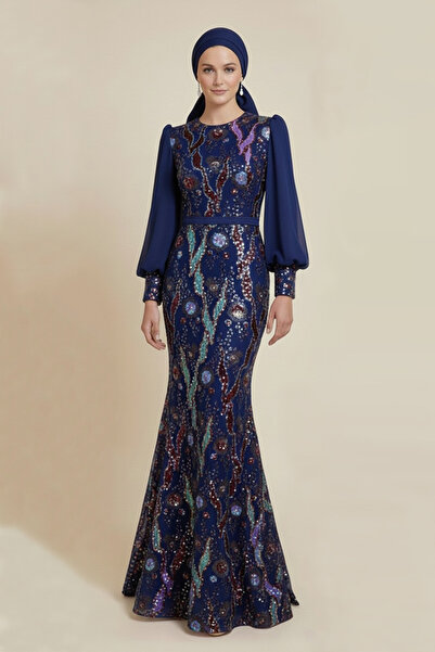 sweetyar Payet İşlemeli Uzun Abiye Elbise – Şifon Kollu Şık Tesettür Elbise