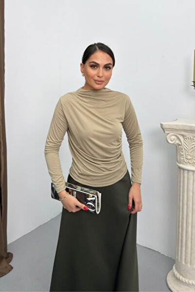 spirituel Women's Blouse Draped Long Sleeve Sandy Fabric High Collar Stretch ...