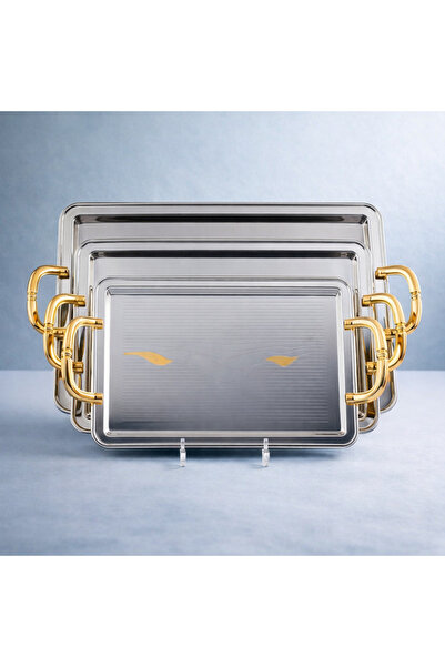 Dania Luxury 3-piece serving tray set ✨ Engraved nickel with gold handles (Sm...