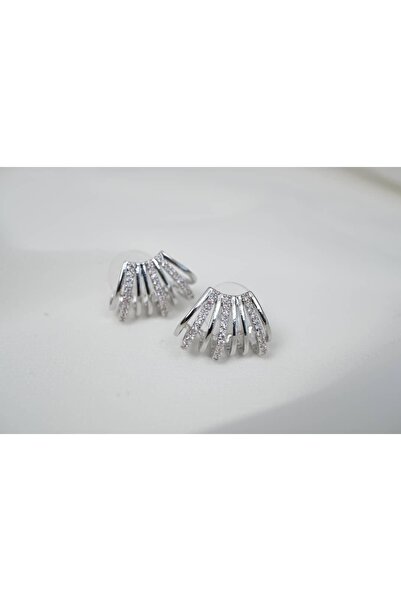 ATELİER TUĞBA Kp168 Zircon Stone Ray Detail Fan Earrings Silver (Length 12 mm)