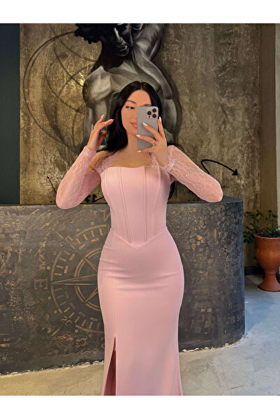 missswans Divya Dantel Detay A Slim Uzun Boy Önü Yırtmaçlı Abiye Pudra Pembe