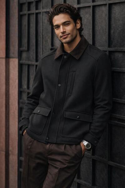 İmza Anthracite Velvet Polo Collar Plain Without Slits Fully Lined Slim Fit C...