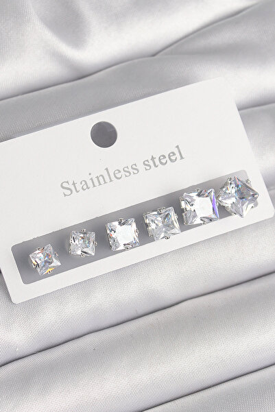 blackpure طقم أقراط نسائية من الفولاذ الفضي اللون مربع الزركون 316L