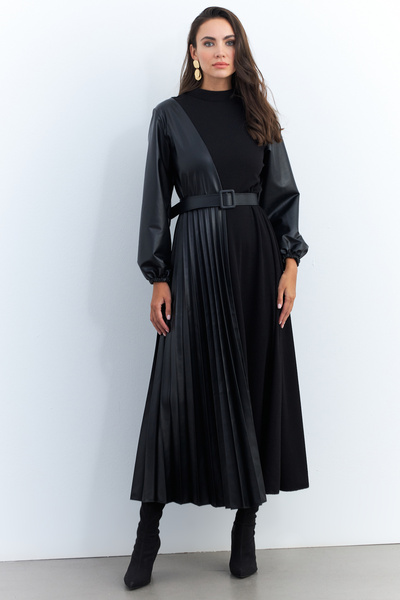 NEW JOURNAL Kadın Siyah Suni Deri Bloklu Pilili Maxi Elbise MALZ100