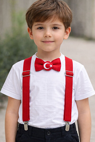 MODA Set papion cu bretele pentru copii, steagul turcesc, steagul lunar, stea...