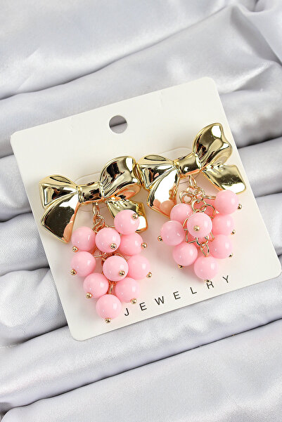 blackpure Brass Dangle Pink Beaded Bow Vintage Model Gold Color Women's Earrings