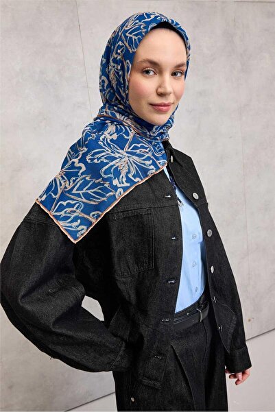 Silk Home وشاح ناعم من القطن والبوليستر بنمط الزنبق باللون الأزرق 90x90