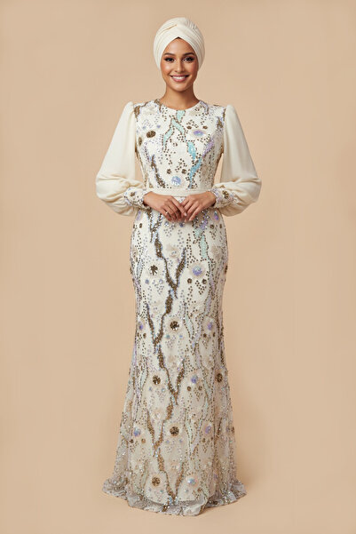 sweetyar Payet İşlemeli Uzun Abiye Elbise – Şifon Kollu Şık Tesettür Elbise