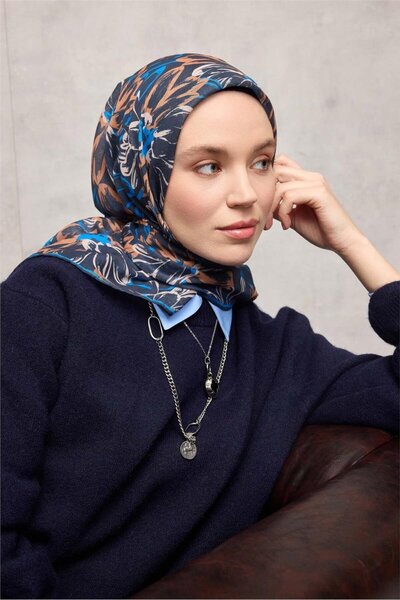 Silk Home Eșarfă moale din bumbac poliester model botanic bleumarin închis 90*90