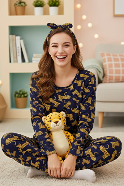 ELİTOL Women's Navy Blue Leopard Patterned Long Sleeve Pajama Set